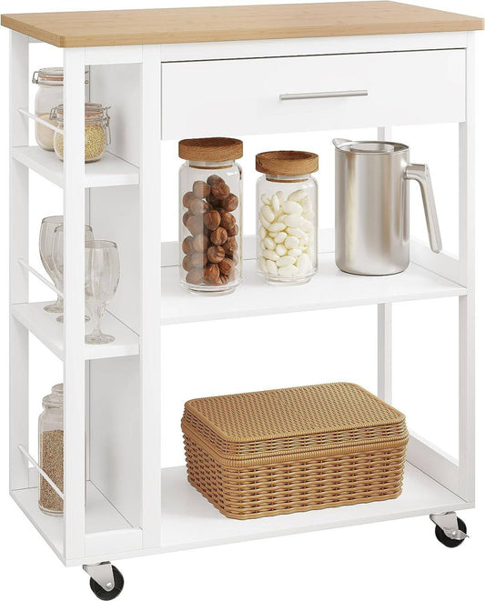 24goodz Kitchen Trolley with Worktop - Ample Storage Space - Durable MDF - For Kitchen and Living Room - White + Wood Grain