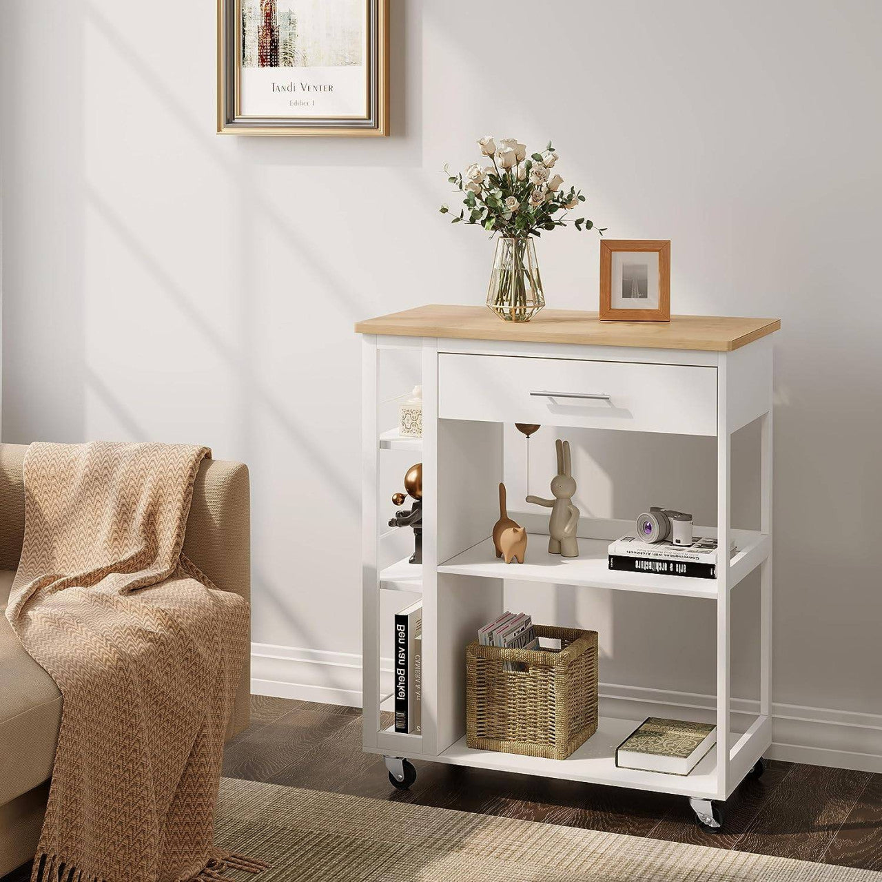 24goodz Kitchen Trolley with Worktop - Ample Storage Space - Durable MDF - For Kitchen and Living Room - White + Wood Grain