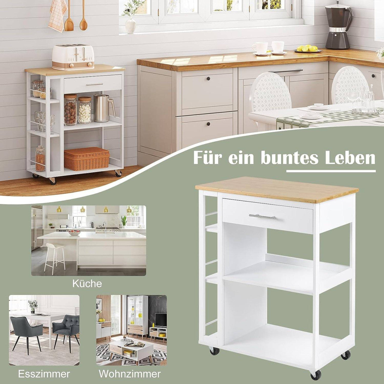 24goodz Kitchen Trolley with Worktop - Ample Storage Space - Durable MDF - For Kitchen and Living Room - White + Wood Grain