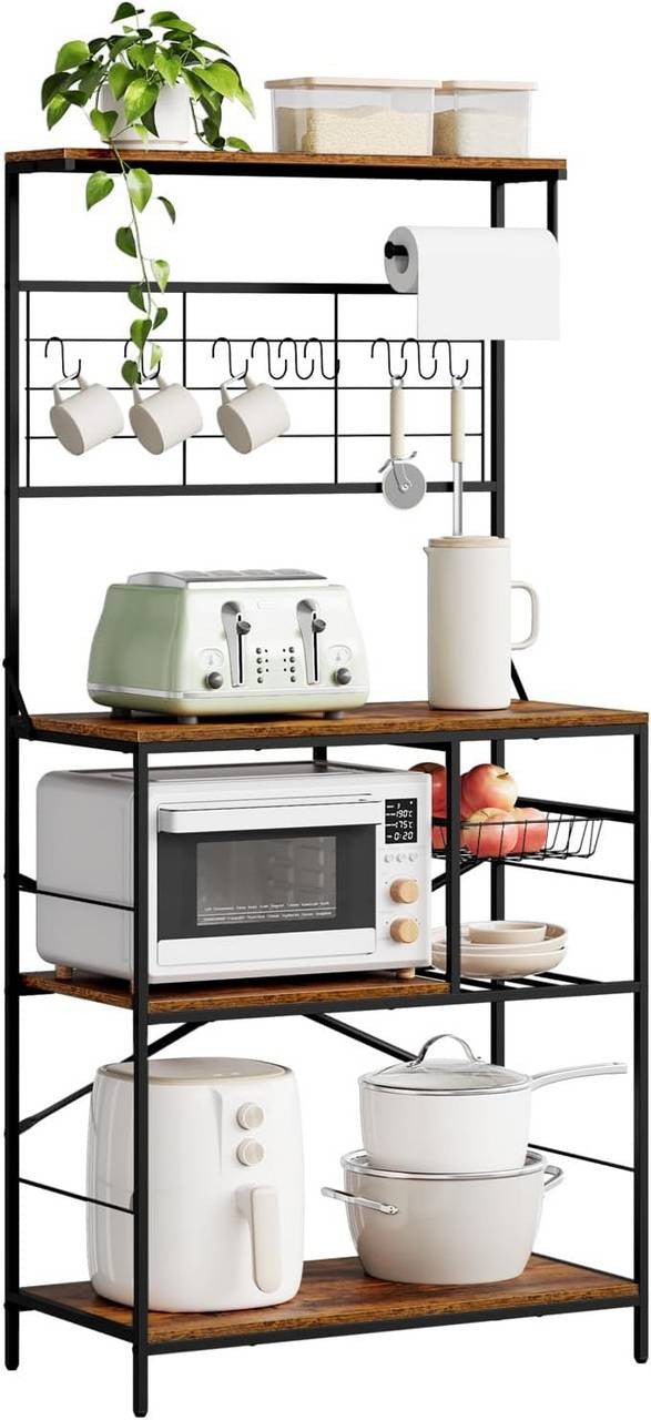 24goodz Kitchen Rack with 4 Shelves and 10 S-Hooks - Sturdy and Durable - E1-Class Particleboard and Metal - For Kitchen and Living Spaces - Rustic Brown + Black