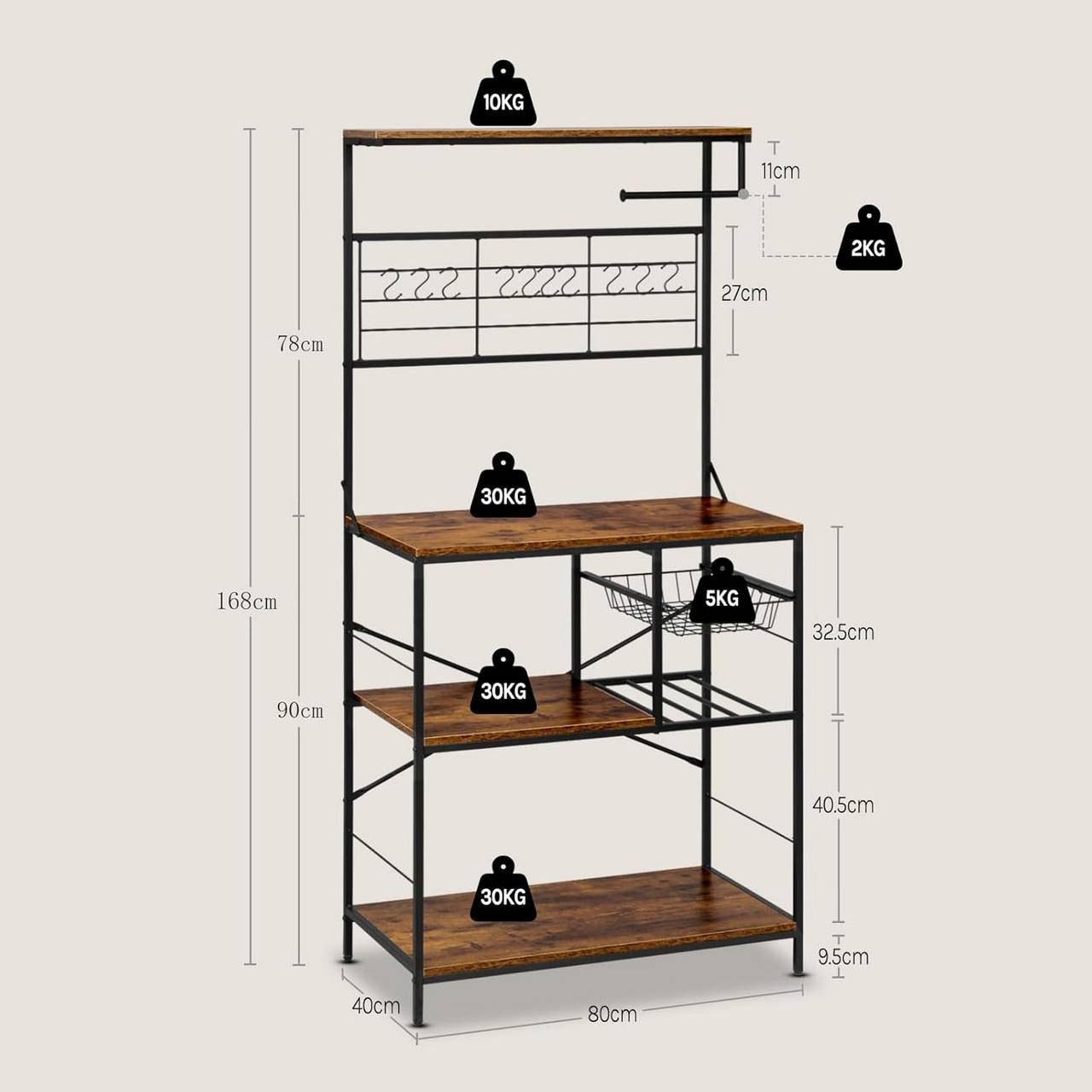 24goodz Kitchen Rack with 4 Shelves and 10 S-Hooks - Sturdy and Durable - E1-Class Particleboard and Metal - For Kitchen and Living Spaces - Rustic Brown + Black
