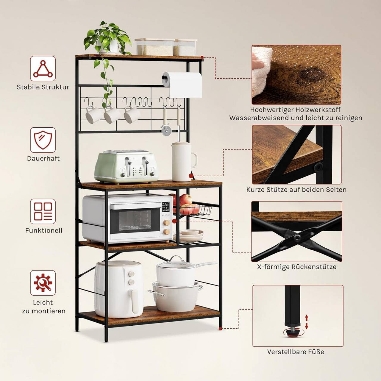 24goodz Kitchen Rack with 4 Shelves and 10 S-Hooks - Sturdy and Durable - E1-Class Particleboard and Metal - For Kitchen and Living Spaces - Rustic Brown + Black