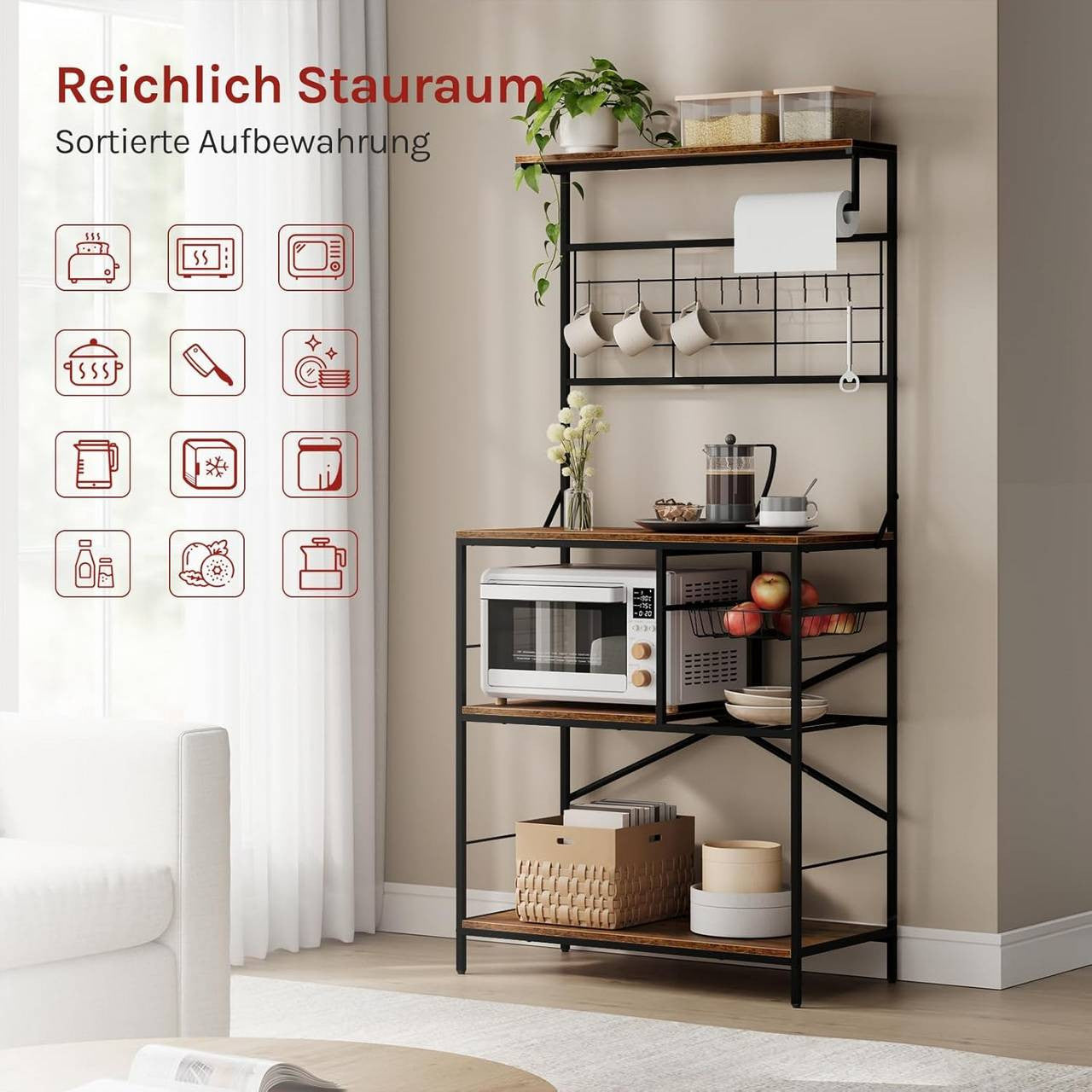 24goodz Kitchen Rack with 4 Shelves and 10 S-Hooks - Sturdy and Durable - E1-Class Particleboard and Metal - For Kitchen and Living Spaces - Rustic Brown + Black