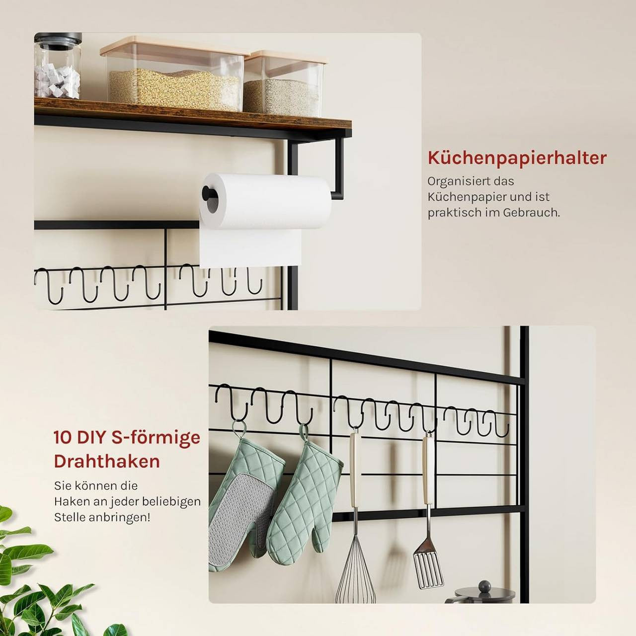 24goodz Kitchen Rack with 4 Shelves and 10 S-Hooks - Sturdy and Durable - E1-Class Particleboard and Metal - For Kitchen and Living Spaces - Rustic Brown + Black
