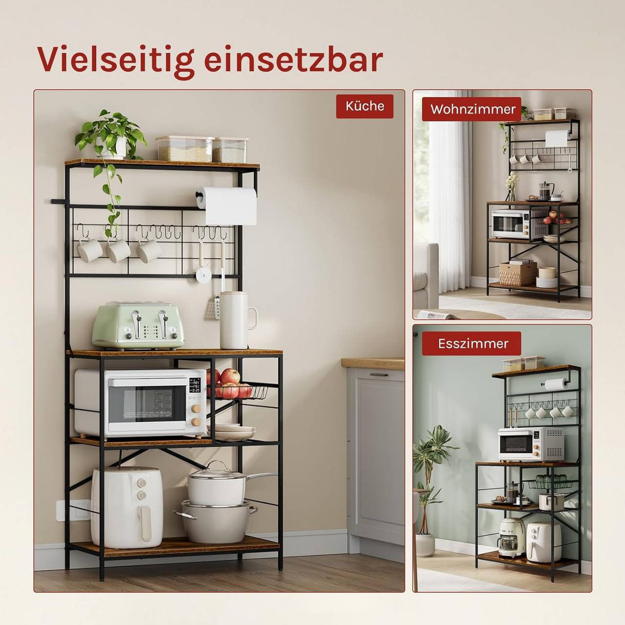 24goodz Kitchen Rack with 4 Shelves and 10 S-Hooks - Sturdy and Durable - E1-Class Particleboard and Metal - For Kitchen and Living Spaces - Rustic Brown + Black