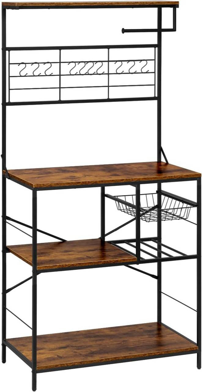 24goodz Kitchen Rack with 4 Shelves and 10 S-Hooks - Sturdy and Durable - E1-Class Particleboard and Metal - For Kitchen and Living Spaces - Rustic Brown + Black