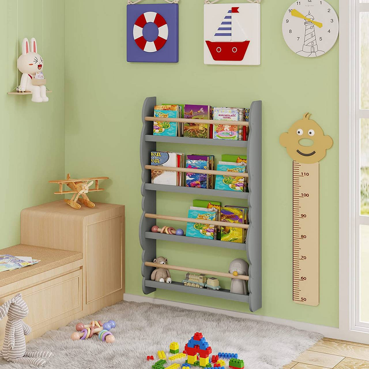 24goodz Children's Book Shelf Wall Unit - Safe and Eco-Friendly - E1 MDF and Pine Wood - For Children aged 3+ - Grey + Light Oak