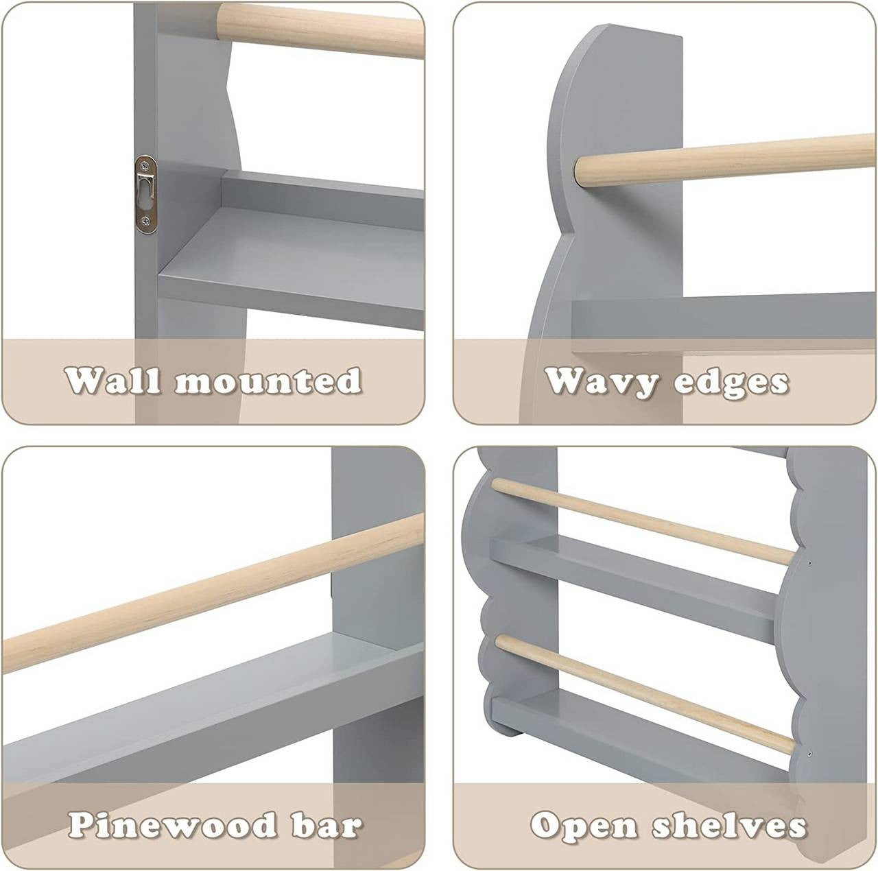 24goodz Children's Book Shelf Wall Unit - Safe and Eco-Friendly - E1 MDF and Pine Wood - For Children aged 3+ - Grey + Light Oak