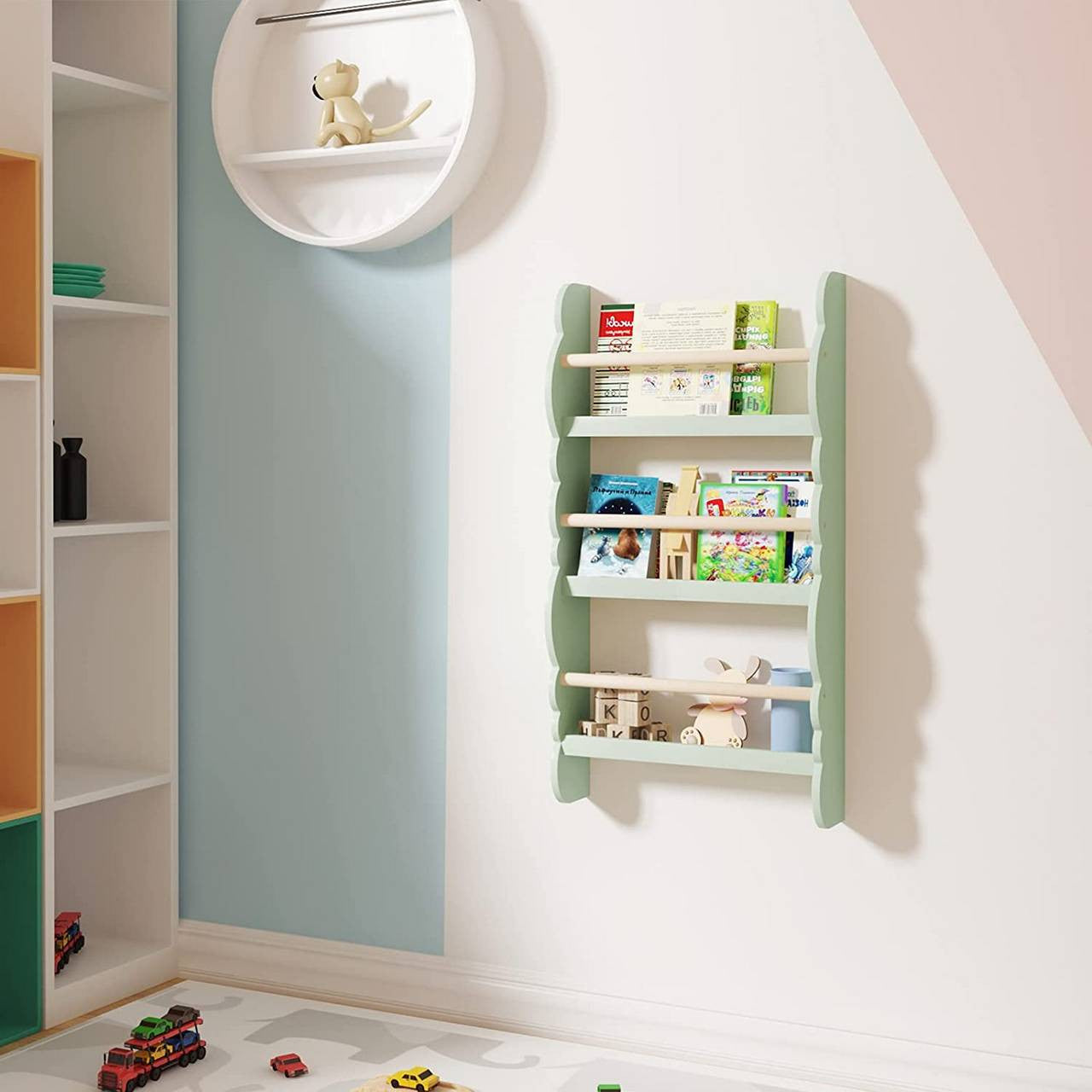 24goodz Kids Book Shelf Wall Unit - Safe and Eco-Friendly - E1 MDF and Pine Wood - For Children 3+ - Green + Light Oak