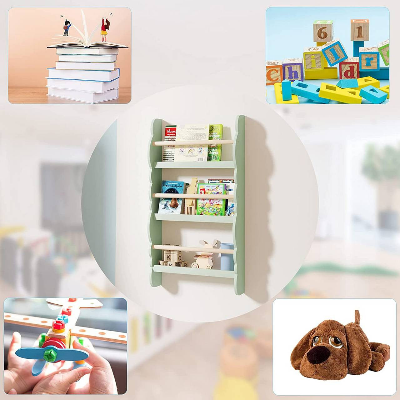 24goodz Kids Book Shelf Wall Unit - Safe and Eco-Friendly - E1 MDF and Pine Wood - For Children 3+ - Green + Light Oak