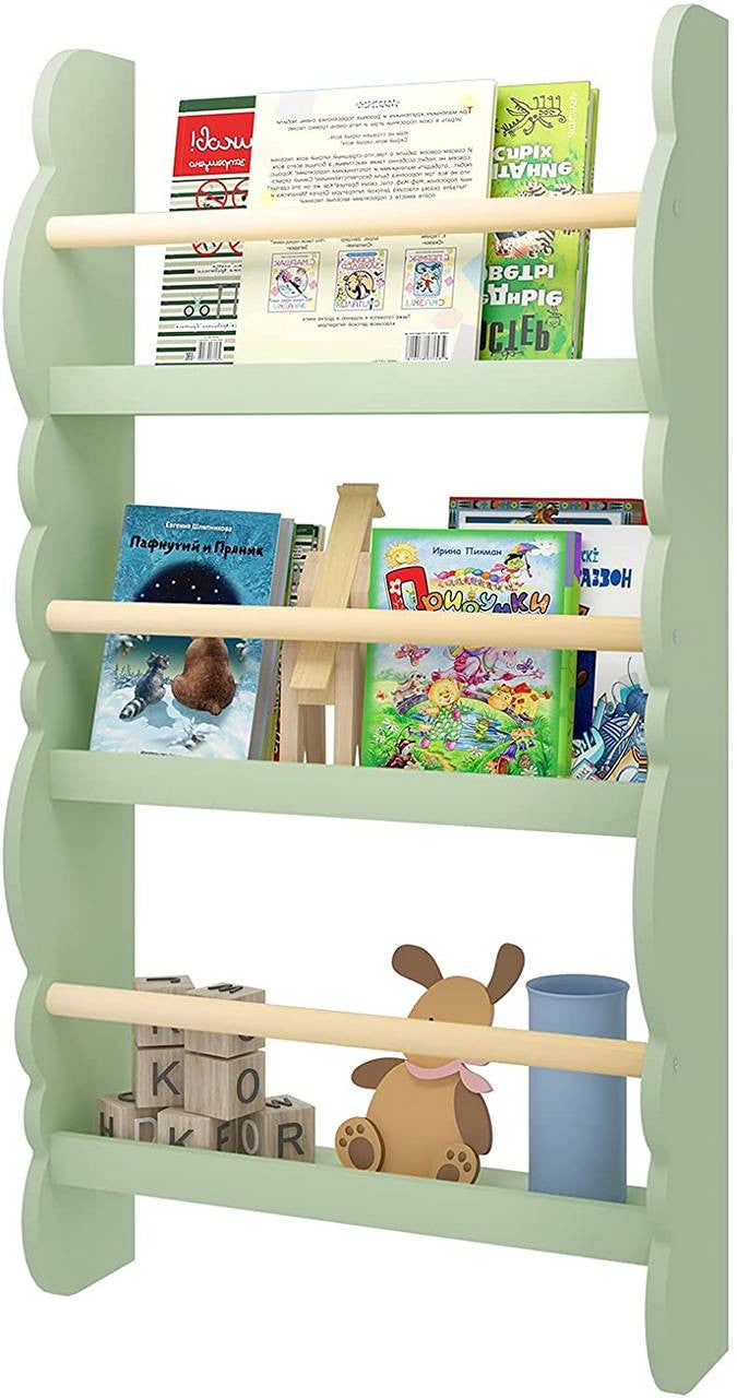 24goodz Kids Book Shelf Wall Unit - Safe and Eco-Friendly - E1 MDF and Pine Wood - For Children 3+ - Green + Light Oak
