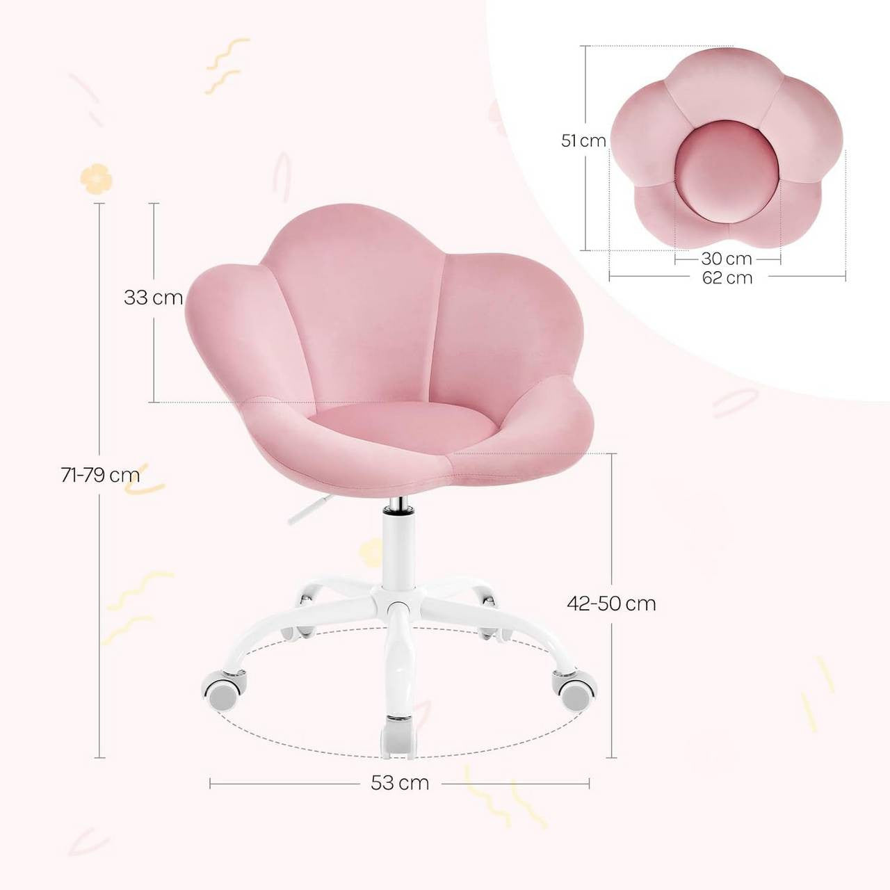24goodz Kids Office Chair - Ergonomic Comfort - Height Adjustable - Velvet - For Children - Light Pink