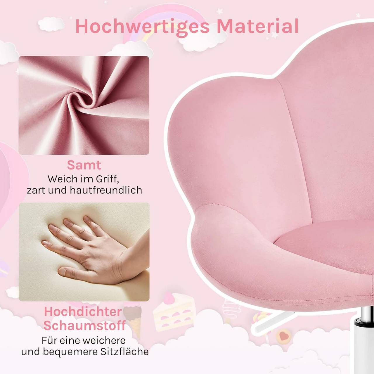 24goodz Kids Office Chair - Ergonomic Comfort - Height Adjustable - Velvet - For Children - Light Pink