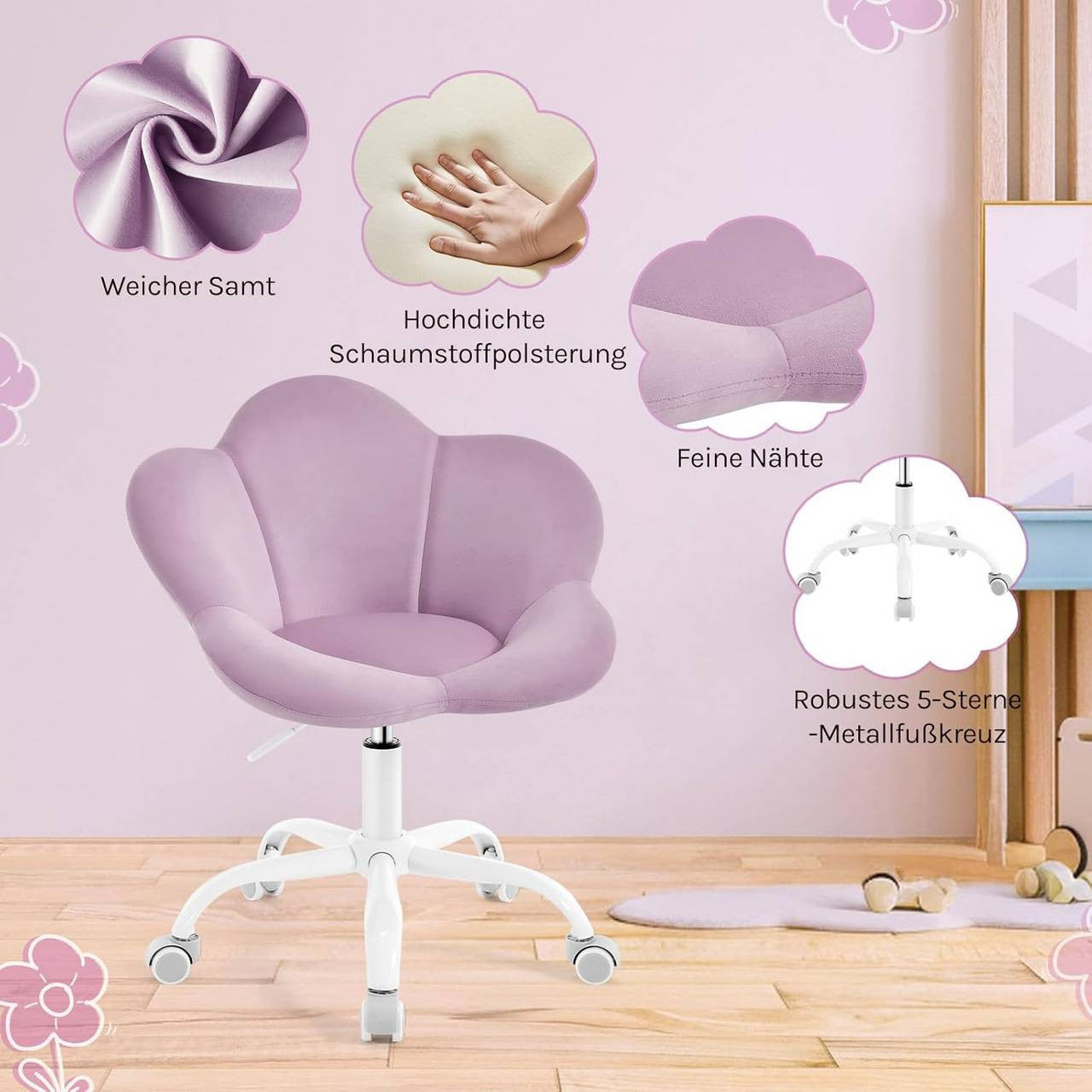 24goodz Kids Office Chair - Ergonomic Design - Height Adjustable - Velvet - For Children and Teens - Light Purple