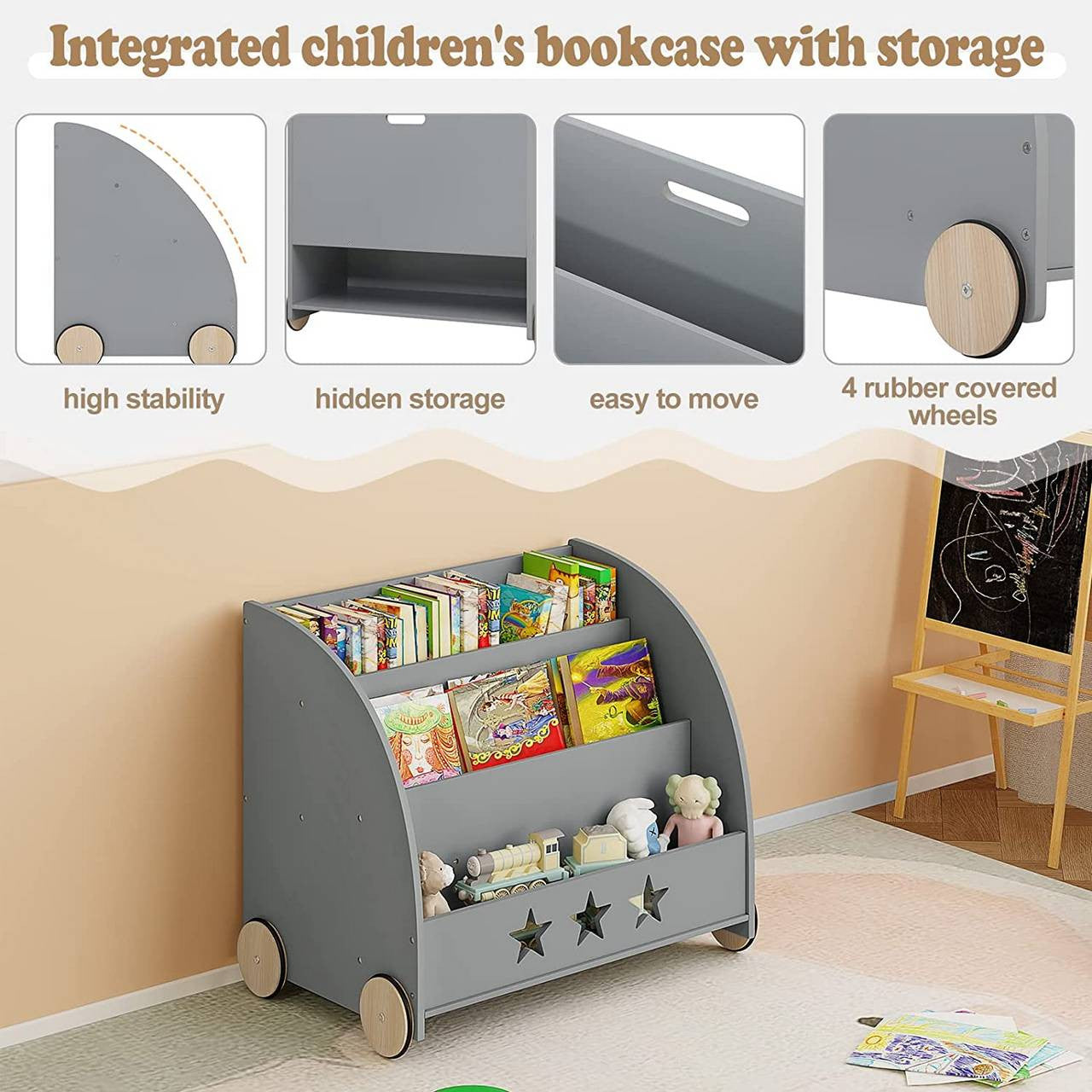 24goodz Kids Book Trolley - Safe and Eco-Friendly Design - MDF - For Children - Grey