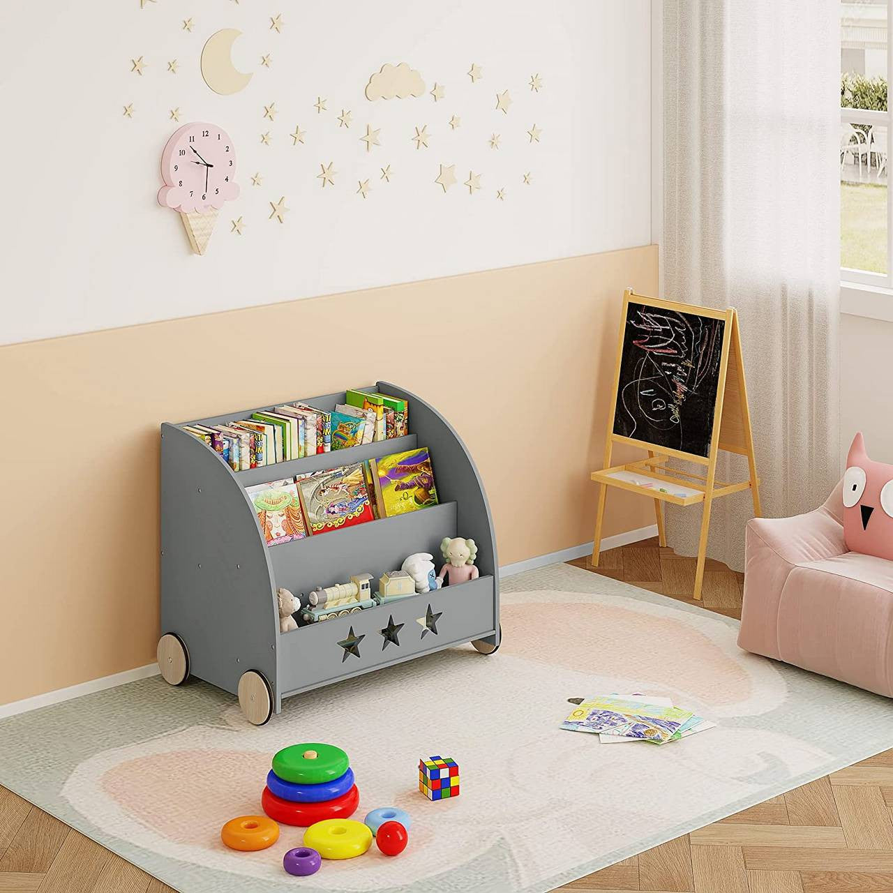 24goodz Kids Book Trolley - Safe and Eco-Friendly Design - MDF - For Children - Grey