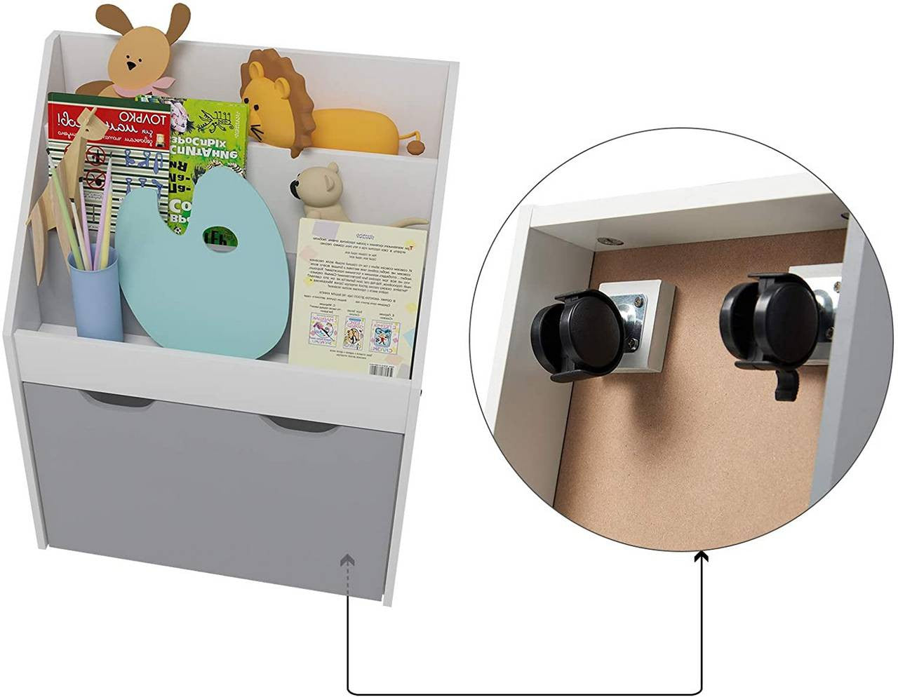 24goodz Kids Bookshelf with Toy Storage Box on Wheels - Safe and Stable Design - E1 MDF - For Children - Grey + White