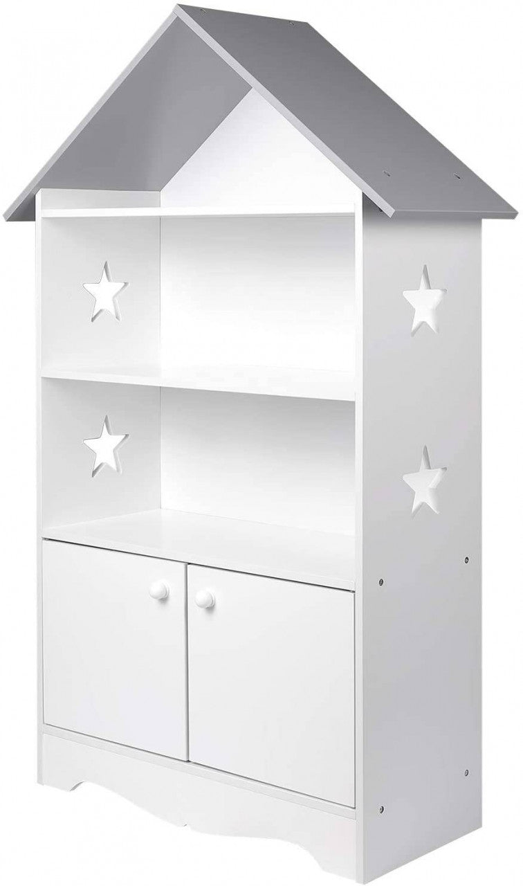 24goodz Kids Book Shelf with Doors, Stars & Roof - High-Quality MDF - Safe and Reliable Design - 28.3 x 115 x 62 cm - For Children Over 3 Years - White + Grey