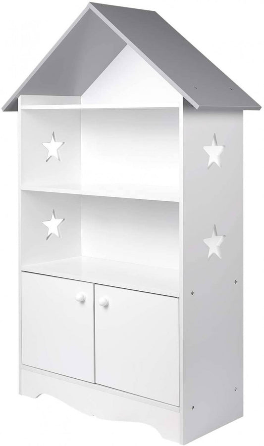 24goodz Kids Book Shelf with Doors, Stars & Roof - High-Quality MDF - Safe and Reliable Design - 28.3 x 115 x 62 cm - For Children Over 3 Years - White + Grey