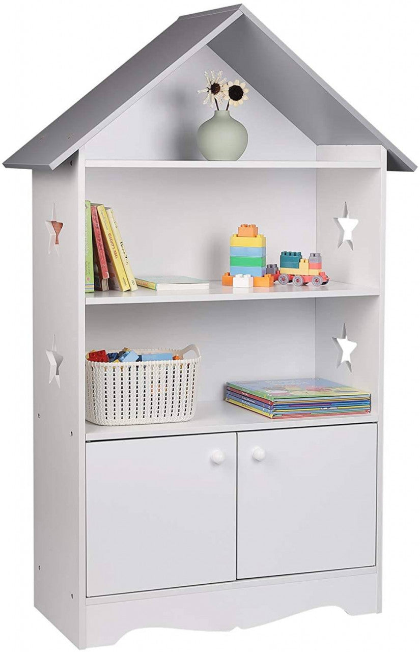 24goodz Kids Book Shelf with Doors, Stars & Roof - High-Quality MDF - Safe and Reliable Design - 28.3 x 115 x 62 cm - For Children Over 3 Years - White + Grey
