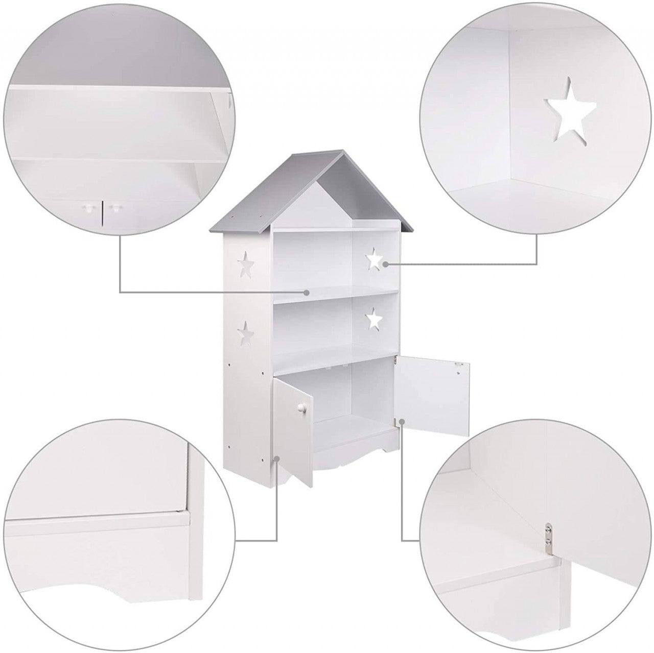 24goodz Kids Book Shelf with Doors, Stars & Roof - High-Quality MDF - Safe and Reliable Design - 28.3 x 115 x 62 cm - For Children Over 3 Years - White + Grey