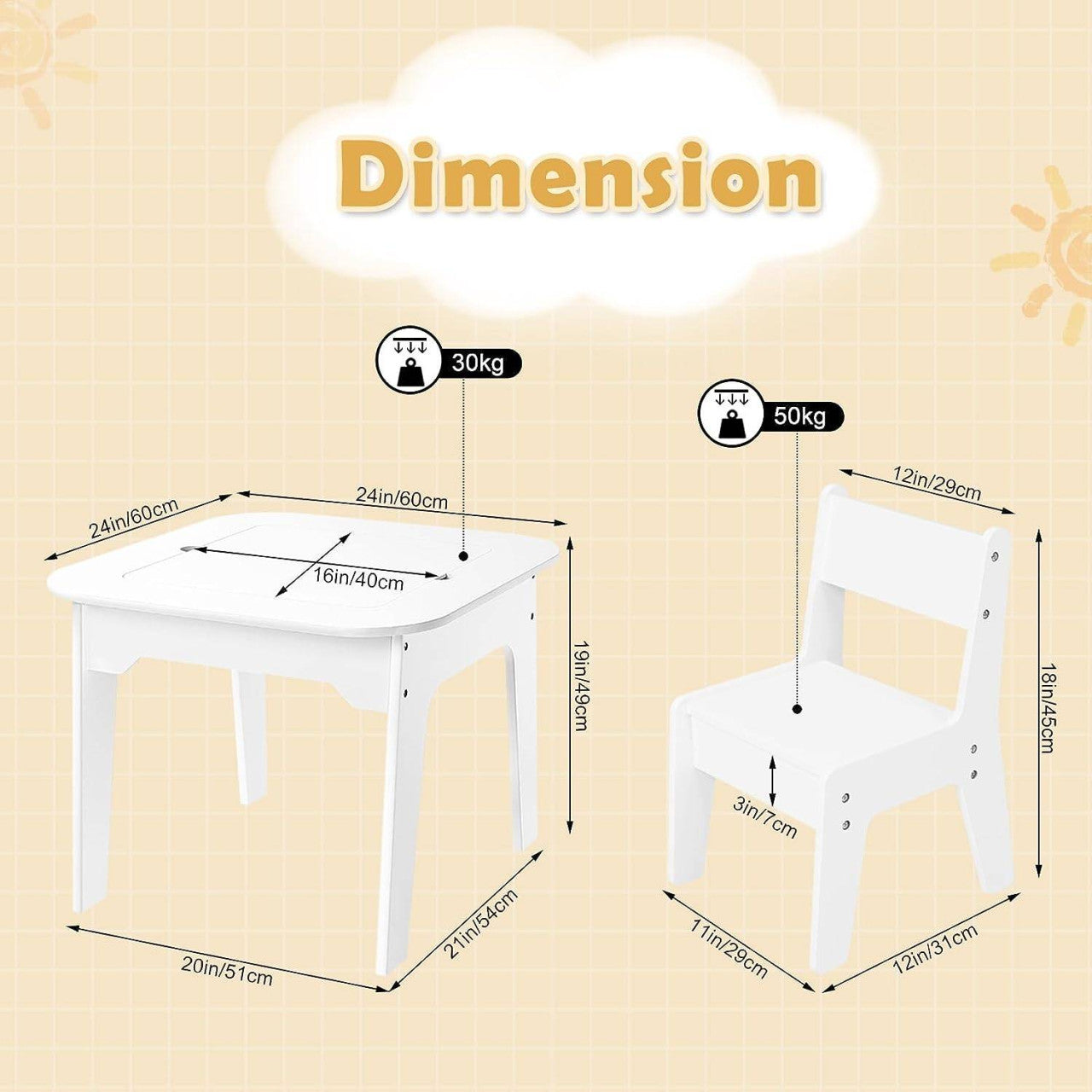 24goodz Kids Table and Chair Set - Space-Saving Design - Durable MDF - For Children aged 3 to 7 - White