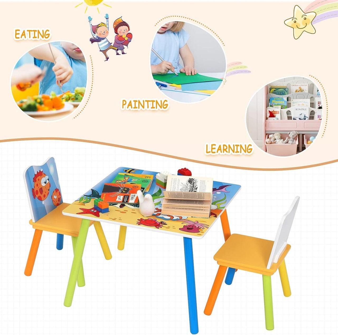 24goodz Kids Table with 2 Chairs - Solid and Stable - Attractive Ocean Design - MDF - For Children - Table: 60x60x44 cm