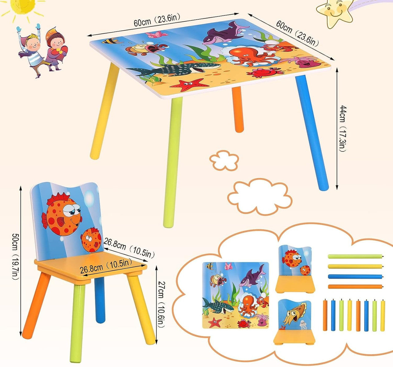 24goodz Kids Table with 2 Chairs - Solid and Stable - Attractive Ocean Design - MDF - For Children - Table: 60x60x44 cm