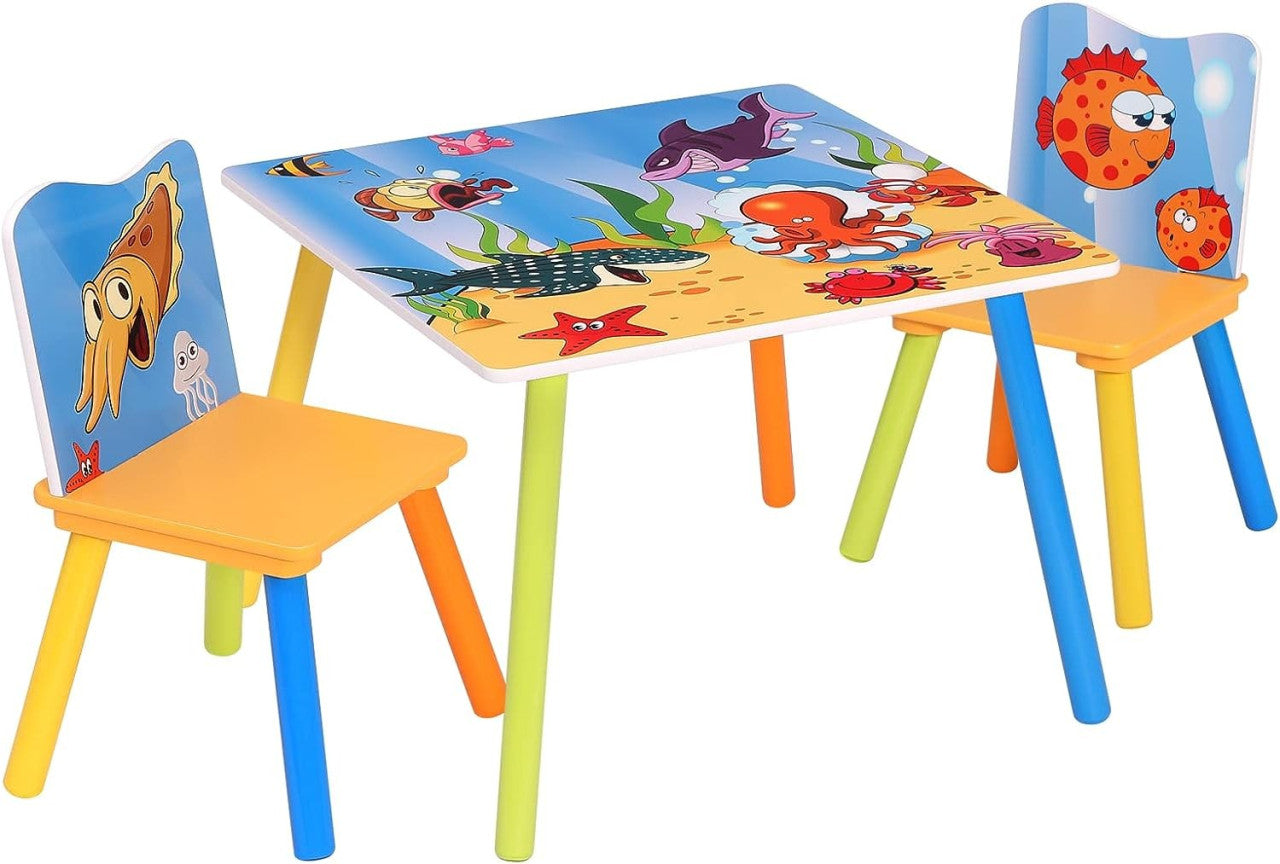 24goodz Kids Table with 2 Chairs - Solid and Stable - Attractive Ocean Design - MDF - For Children - Table: 60x60x44 cm