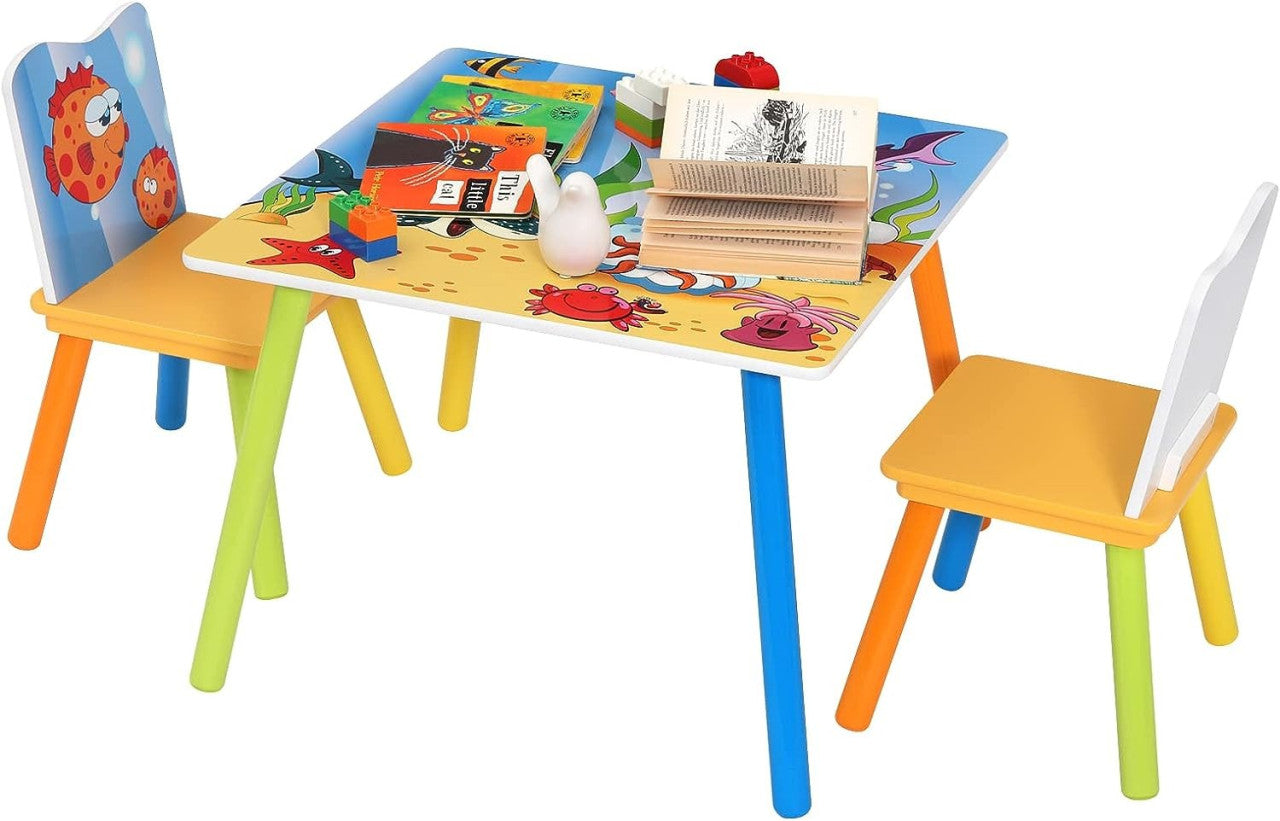 24goodz Kids Table with 2 Chairs - Solid and Stable - Attractive Ocean Design - MDF - For Children - Table: 60x60x44 cm