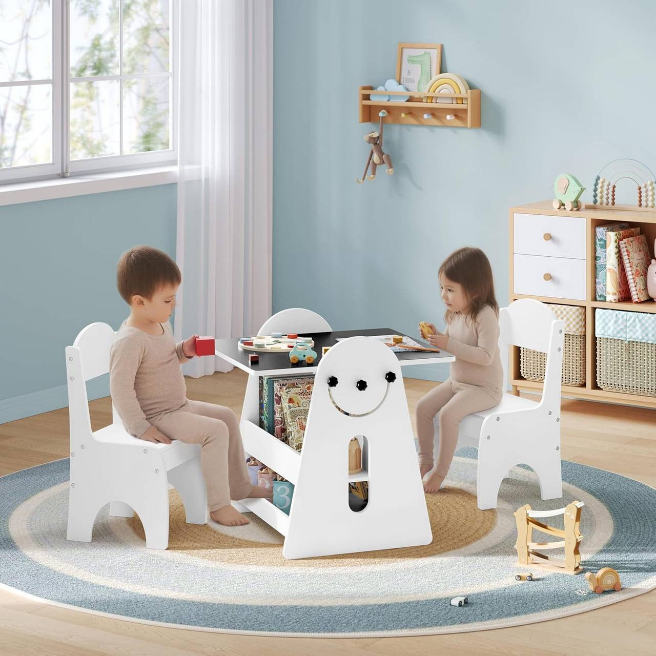 24goodz Kids Table with 2 Chairs - Multifunctional Design - Spacious Storage - MDF - For Children - White + Black