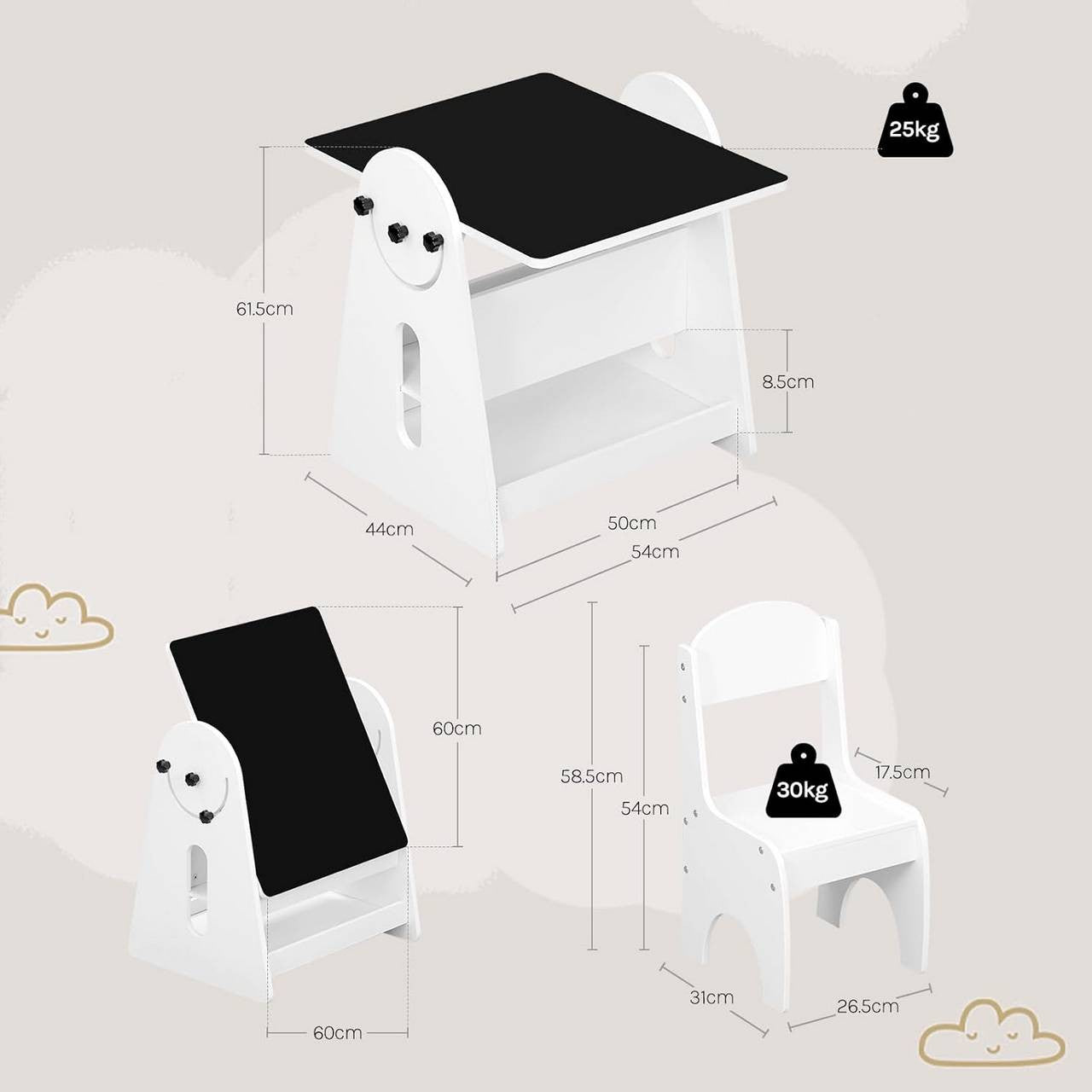 24goodz Kids Table with 2 Chairs - Multifunctional Design - Spacious Storage - MDF - For Children - White + Black