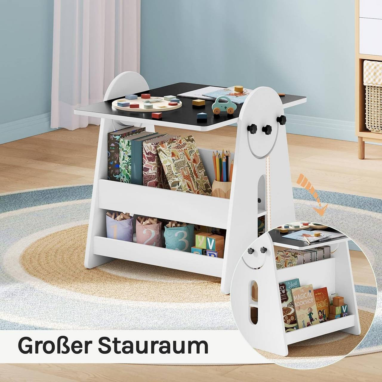 24goodz Kids Table with 2 Chairs - Multifunctional Design - Spacious Storage - MDF - For Children - White + Black