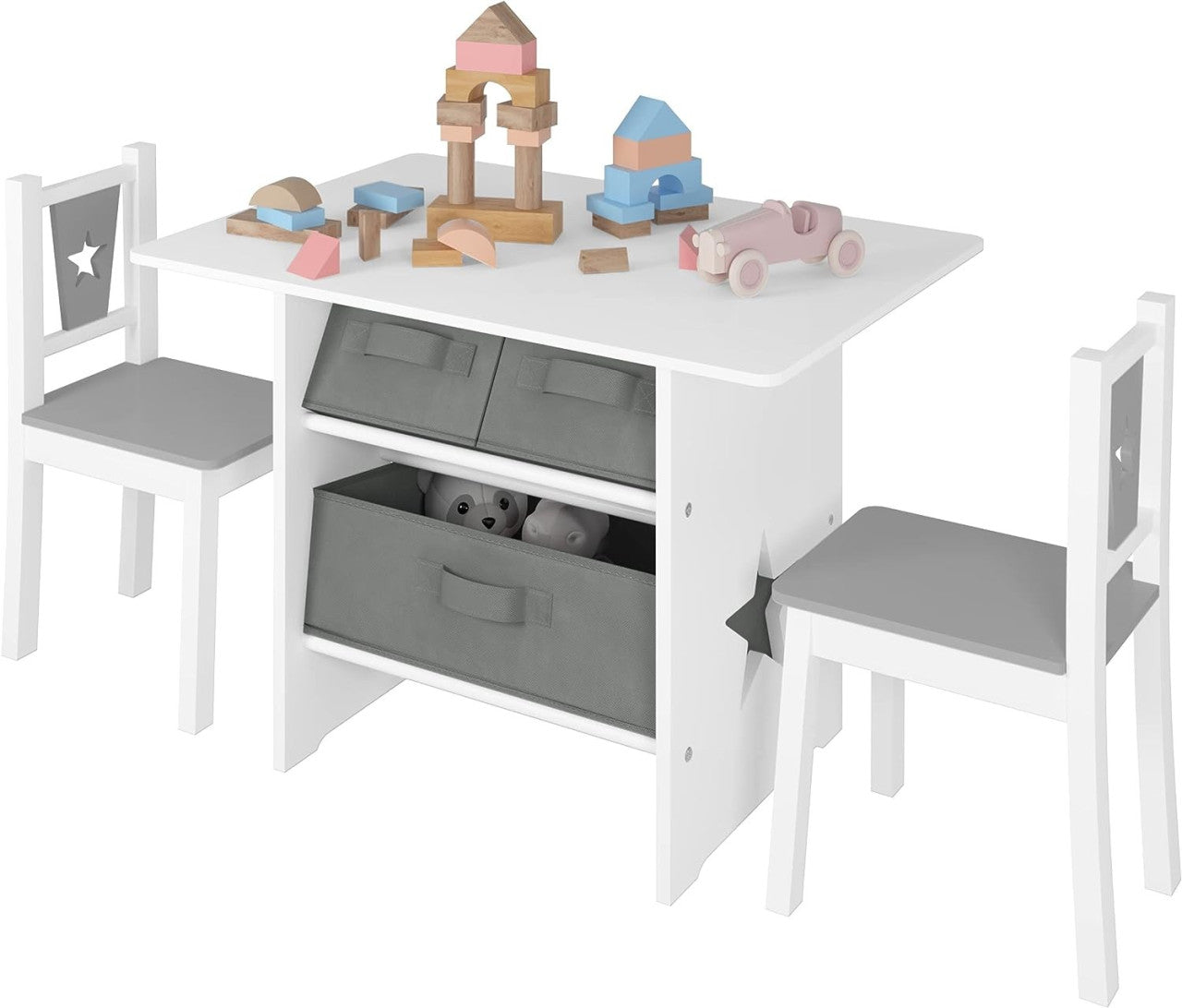 24goodz Kids Table and 2 Chairs Set - Fun Star Pattern - Safe and Durable - MDF - For Children - White + Grey
