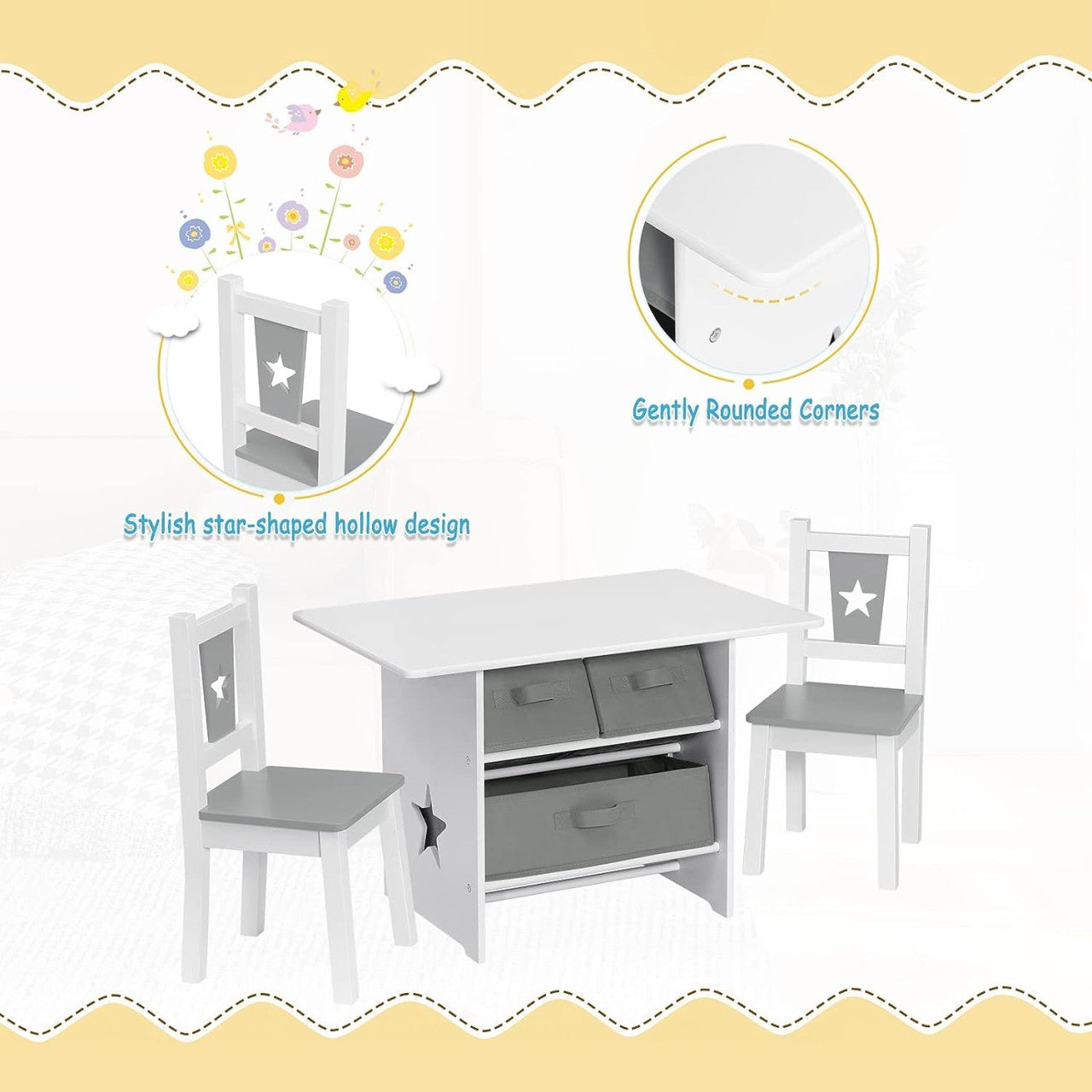 24goodz Kids Table and 2 Chairs Set - Fun Star Pattern - Safe and Durable - MDF - For Children - White + Grey