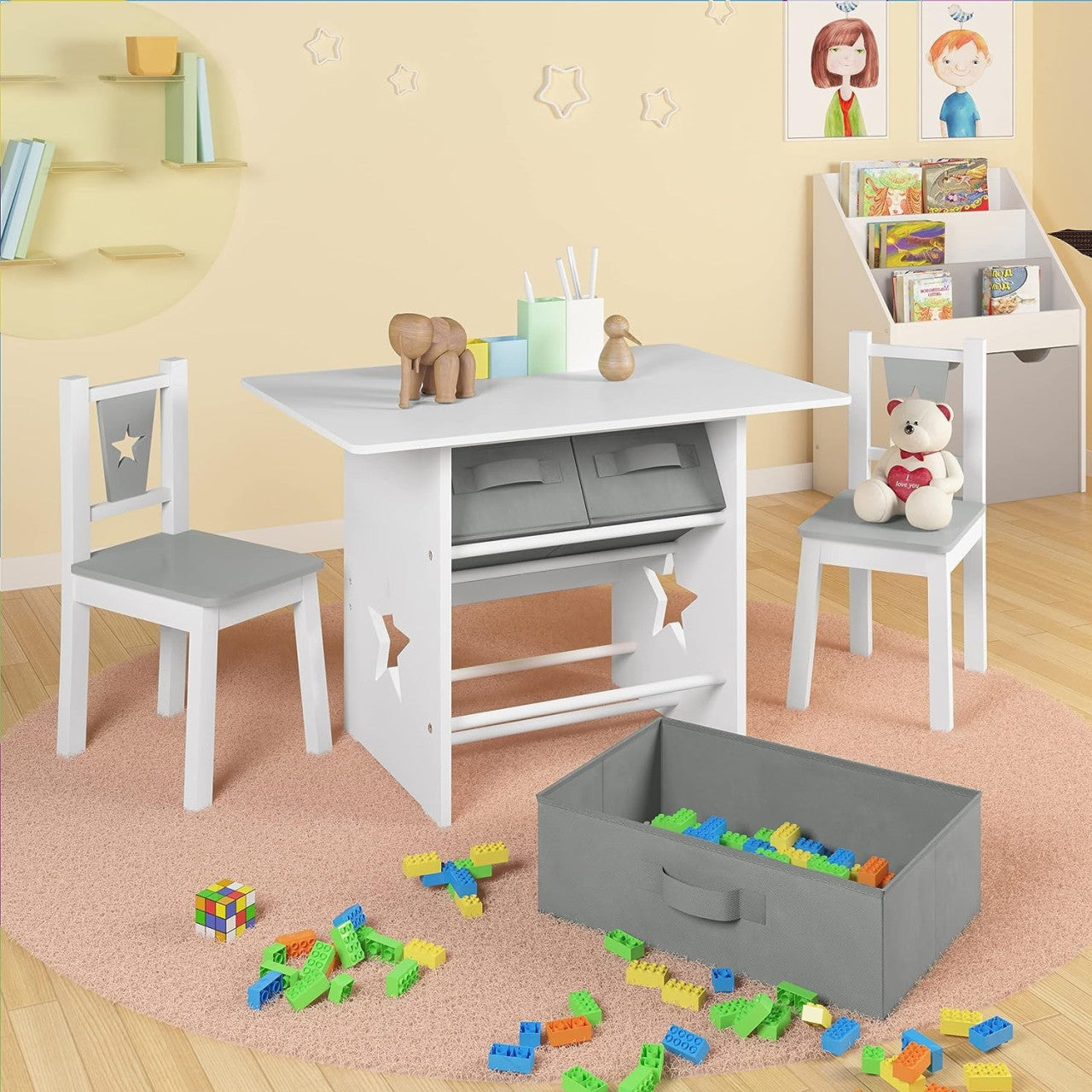 24goodz Kids Table and 2 Chairs Set - Fun Star Pattern - Safe and Durable - MDF - For Children - White + Grey