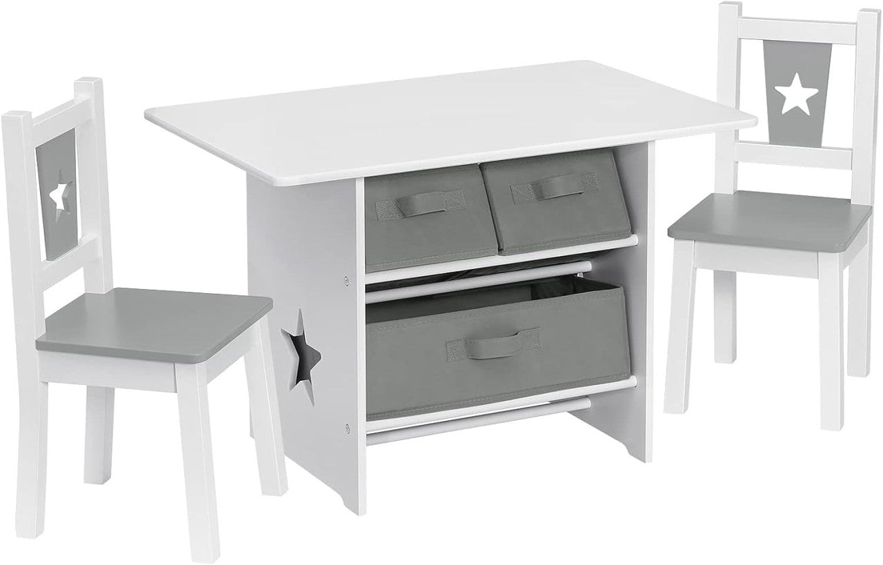 24goodz Kids Table and 2 Chairs Set - Fun Star Pattern - Safe and Durable - MDF - For Children - White + Grey
