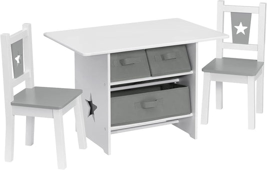 24goodz Kids Table and 2 Chairs Set - Fun Star Pattern - Safe and Durable - MDF - For Children - White + Grey