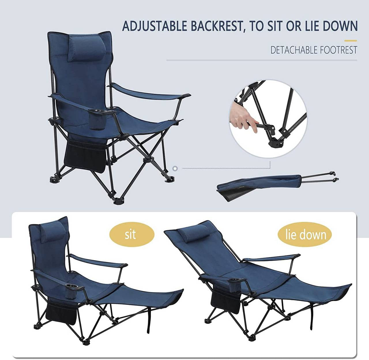 24goodz Folding Camping Chair with Backrest and Footrest - Lightweight and Portable - 600D Oxford Fabric - Blue