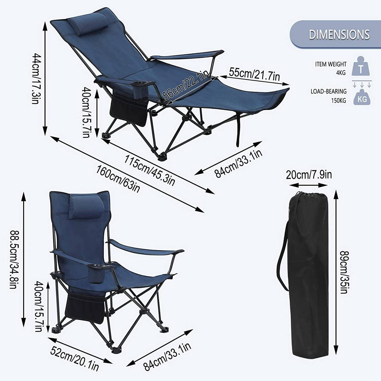 24goodz Folding Camping Chair with Backrest and Footrest - Lightweight and Portable - 600D Oxford Fabric - Blue