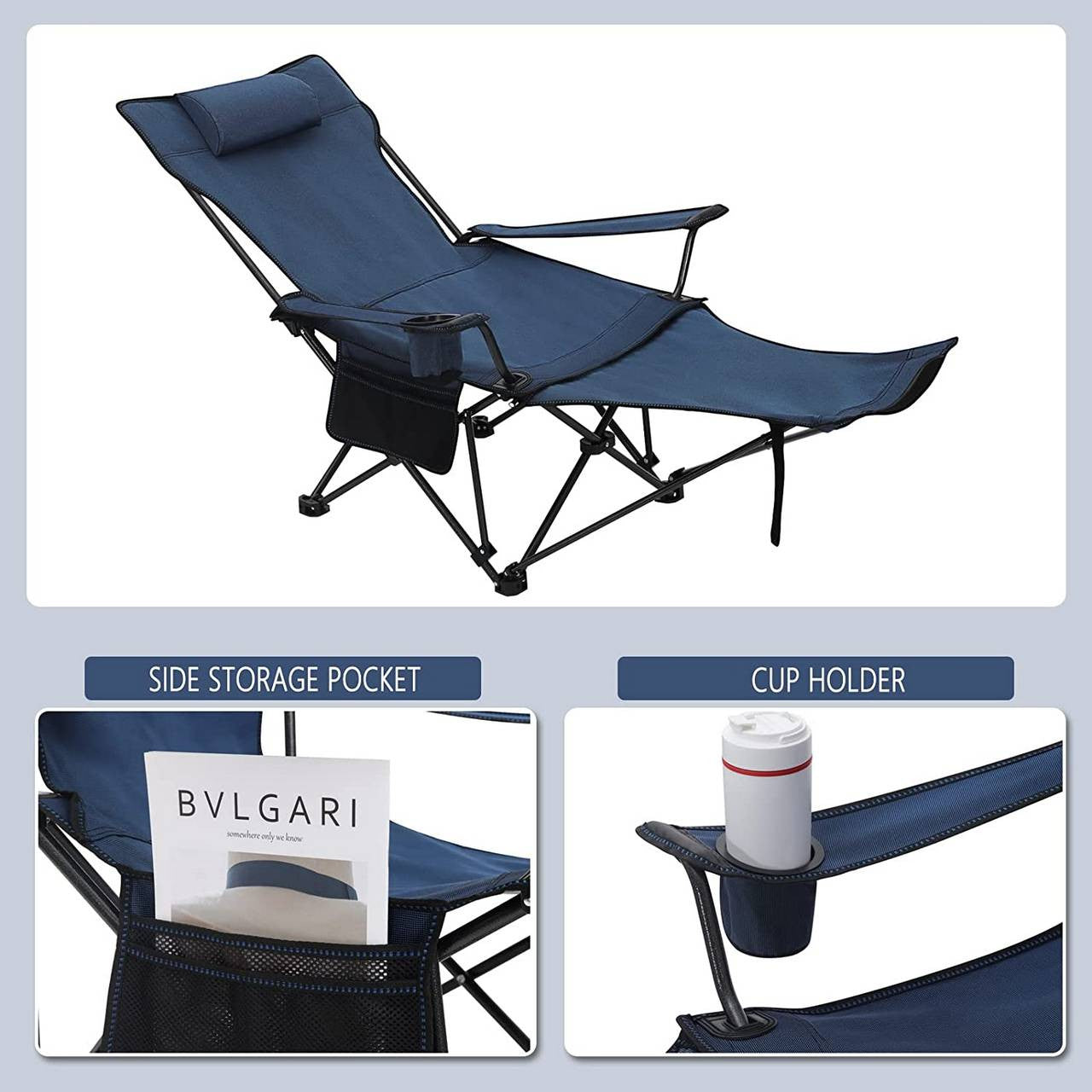 24goodz Folding Camping Chair with Backrest and Footrest - Lightweight and Portable - 600D Oxford Fabric - Blue