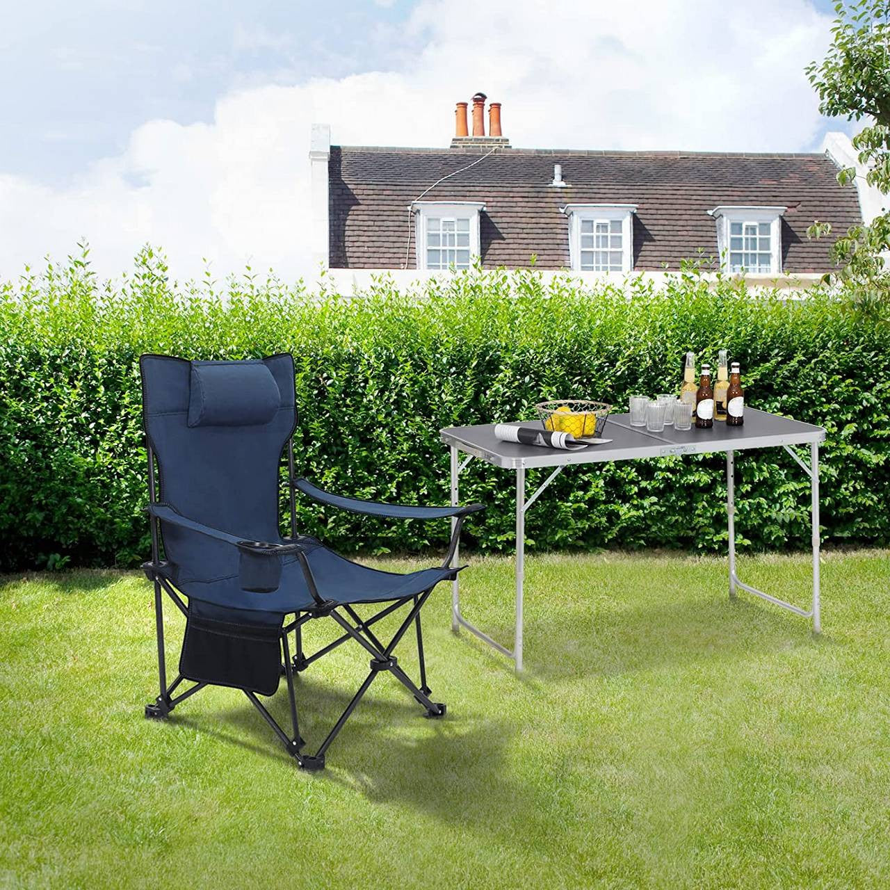 24goodz Folding Camping Chair with Backrest and Footrest - Lightweight and Portable - 600D Oxford Fabric - Blue
