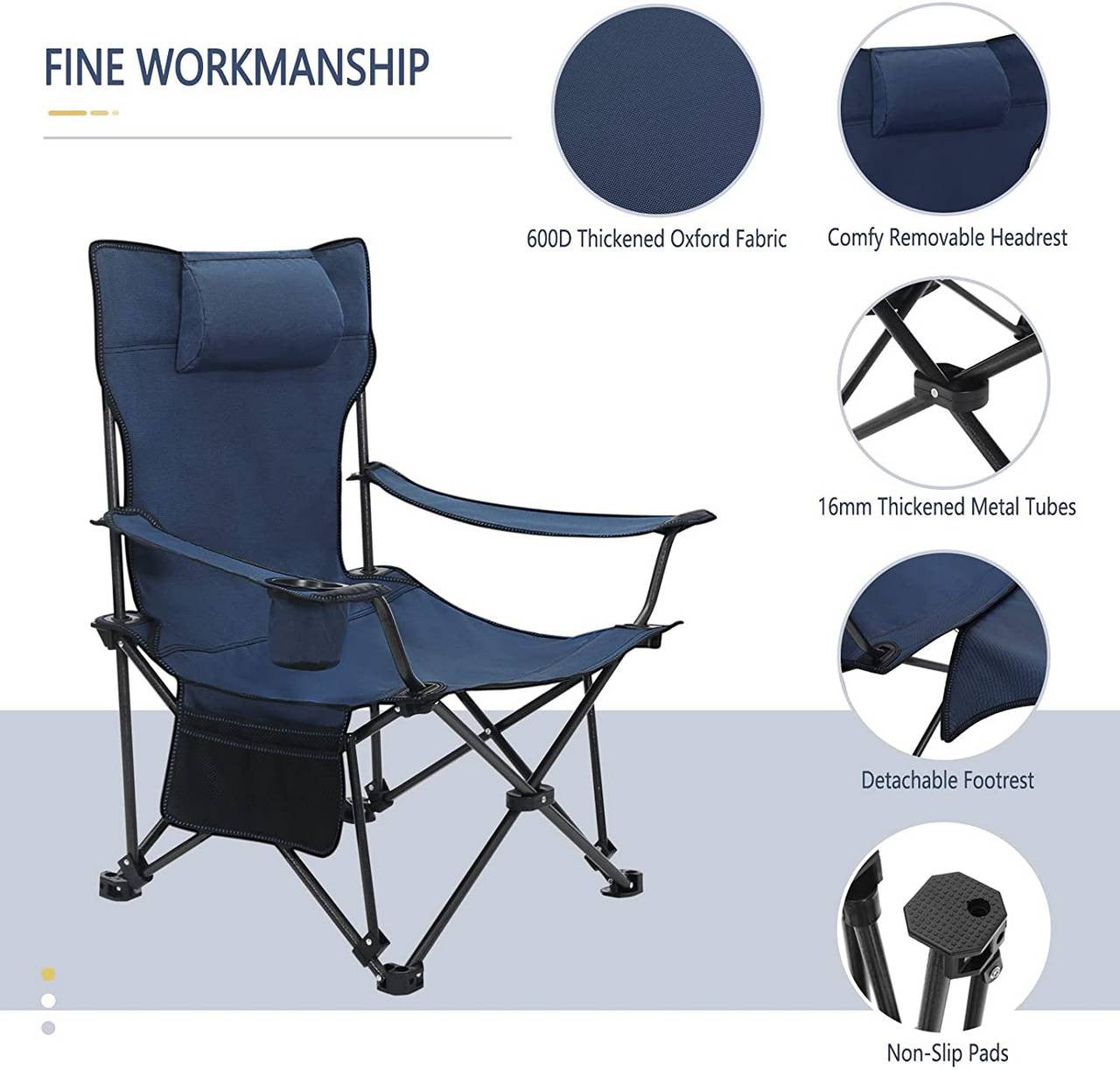 24goodz Folding Camping Chair with Backrest and Footrest - Lightweight and Portable - 600D Oxford Fabric - Blue