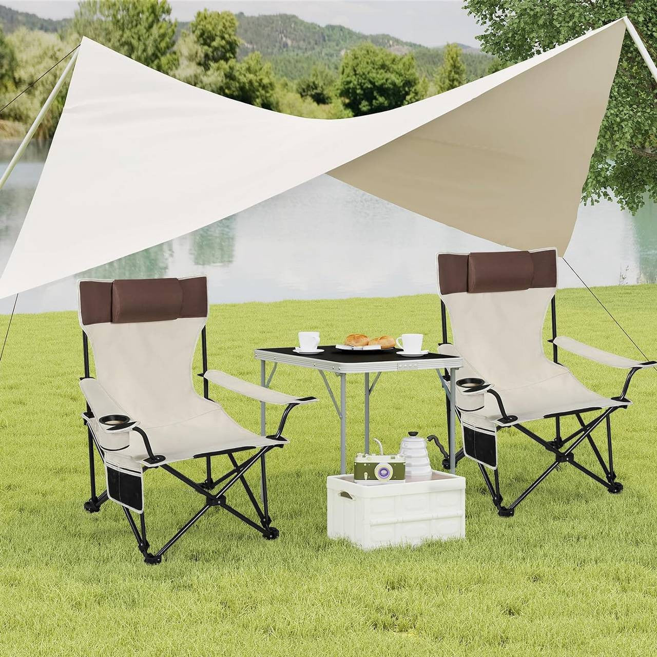 24goodz Lightweight Folding Camping Chair - Durable and Tear-Resistant - 600D Oxford Fabric - For Outdoor Enthusiasts - Beige