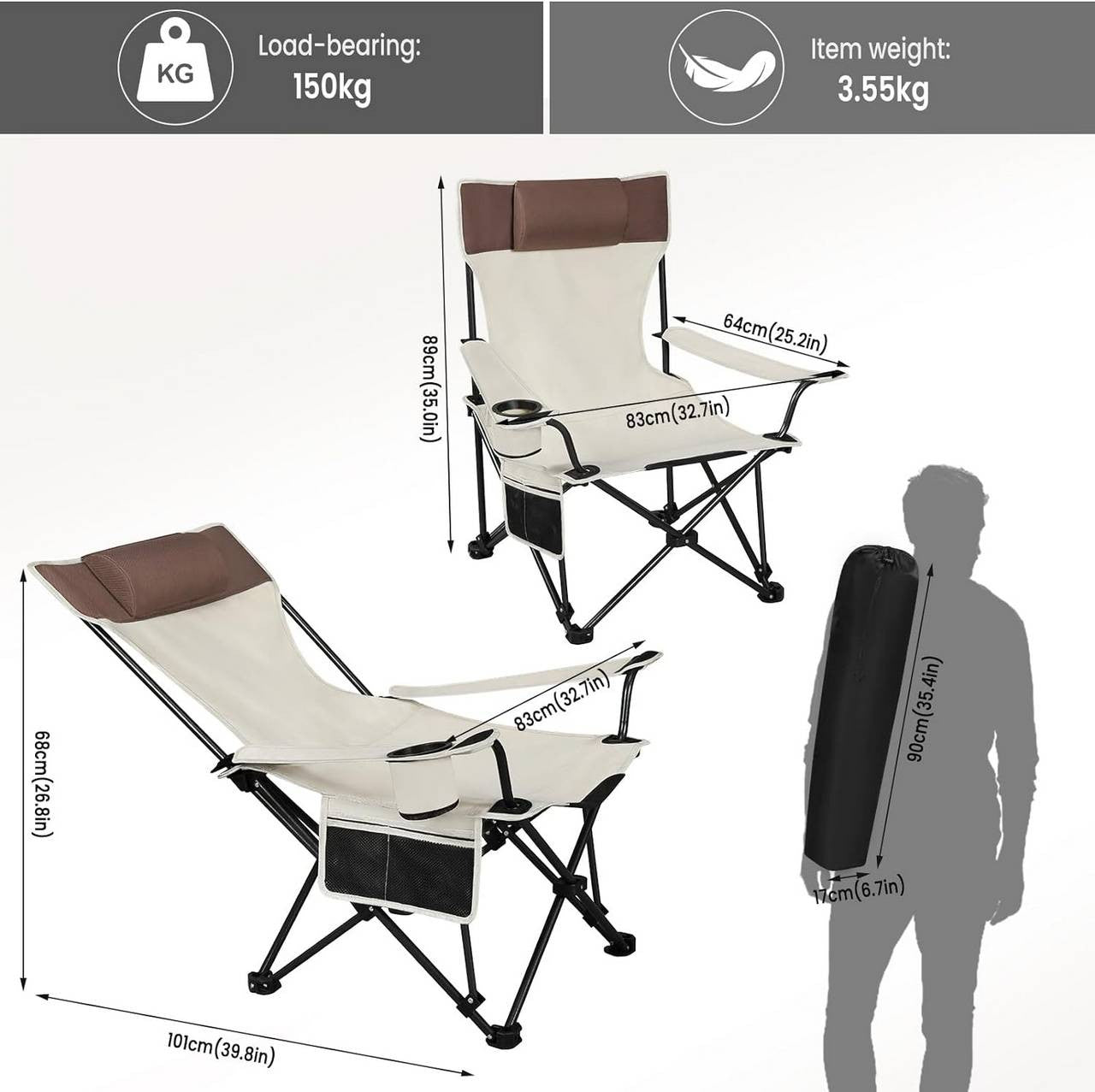 24goodz Lightweight Folding Camping Chair - Durable and Tear-Resistant - 600D Oxford Fabric - For Outdoor Enthusiasts - Beige