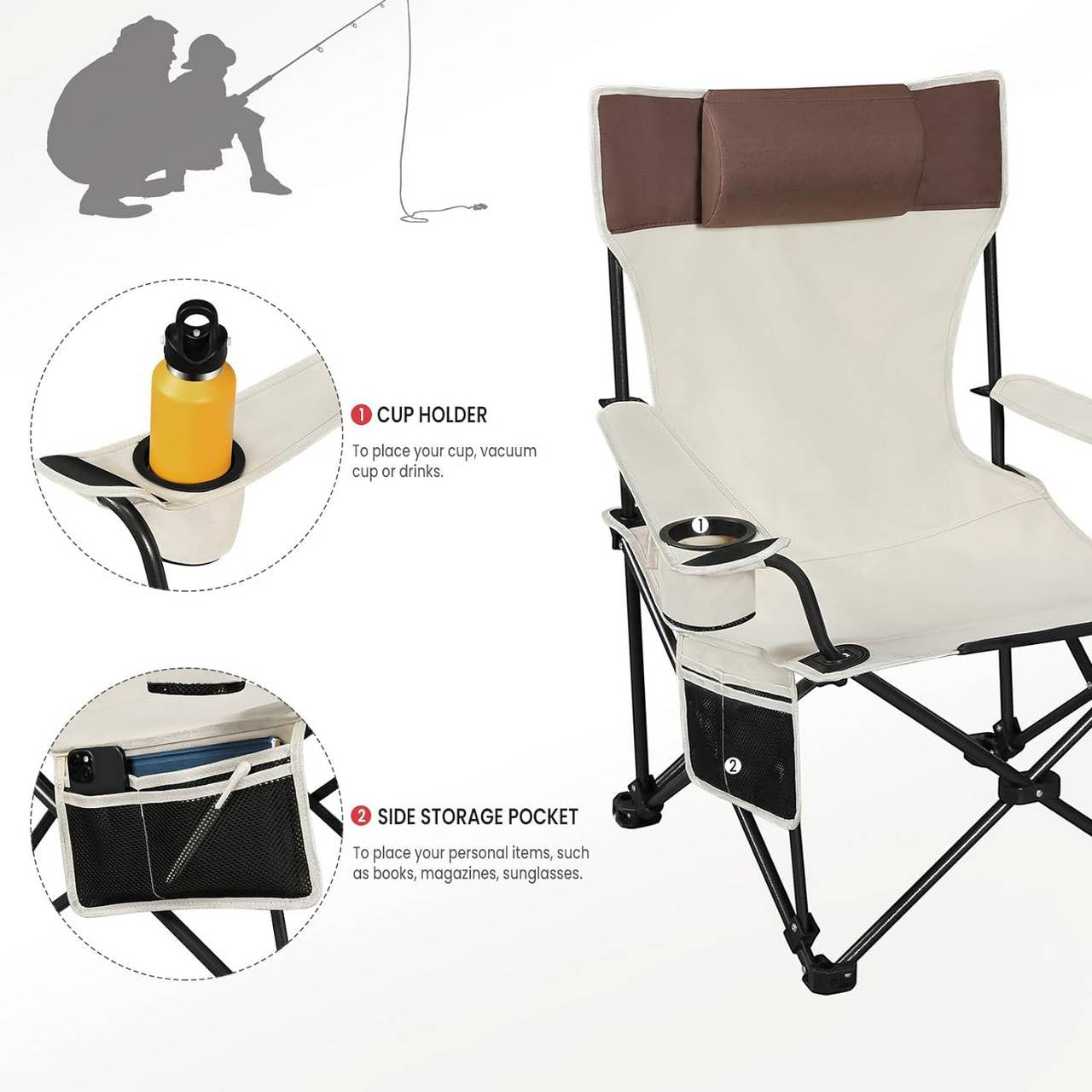 24goodz Lightweight Folding Camping Chair - Durable and Tear-Resistant - 600D Oxford Fabric - For Outdoor Enthusiasts - Beige