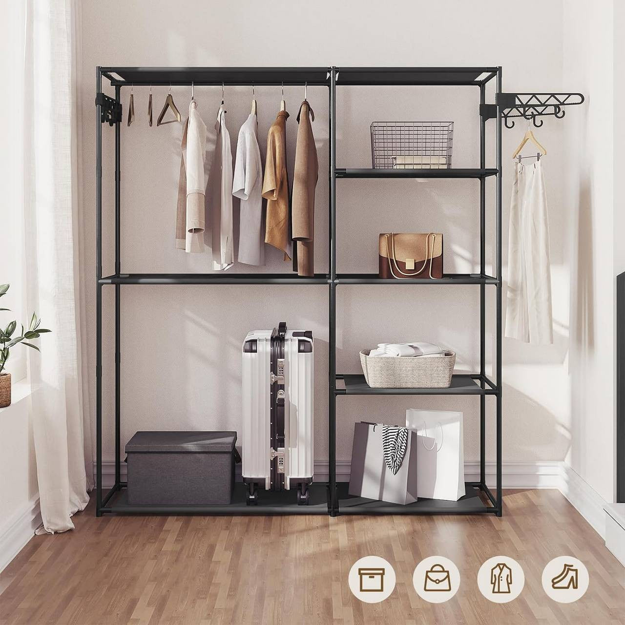 24goodz Open Wardrobe - Excellent Storage Capacity - Sturdy and Durable - Metal and Non-Woven Fabric - Black - 148 x 166 x 42.5 cm