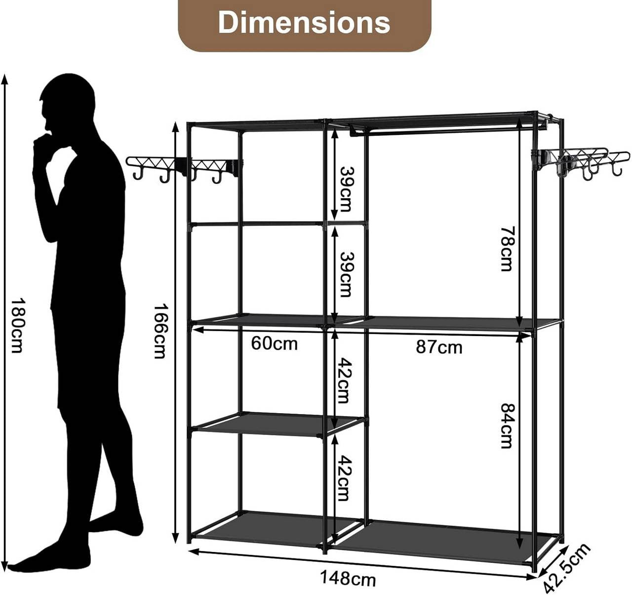 24goodz Open Wardrobe - Excellent Storage Capacity - Sturdy and Durable - Metal and Non-Woven Fabric - Black - 148 x 166 x 42.5 cm