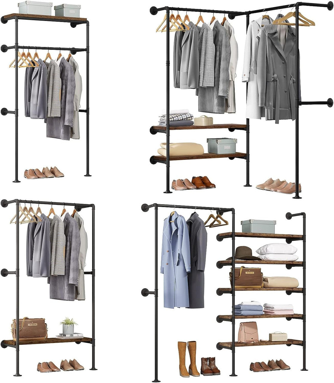 24goodz Corner Coat Rack with Shelves - Space-Saving Design - Scratch-Resistant - Metal and MDF - Black + Vintage Wood Grain - 35 x 187.5 x 184 cm