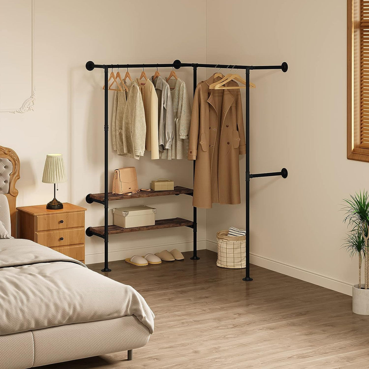 24goodz Corner Coat Rack with Shelves - Space-Saving Design - Scratch-Resistant - Metal and MDF - Black + Vintage Wood Grain - 35 x 187.5 x 184 cm